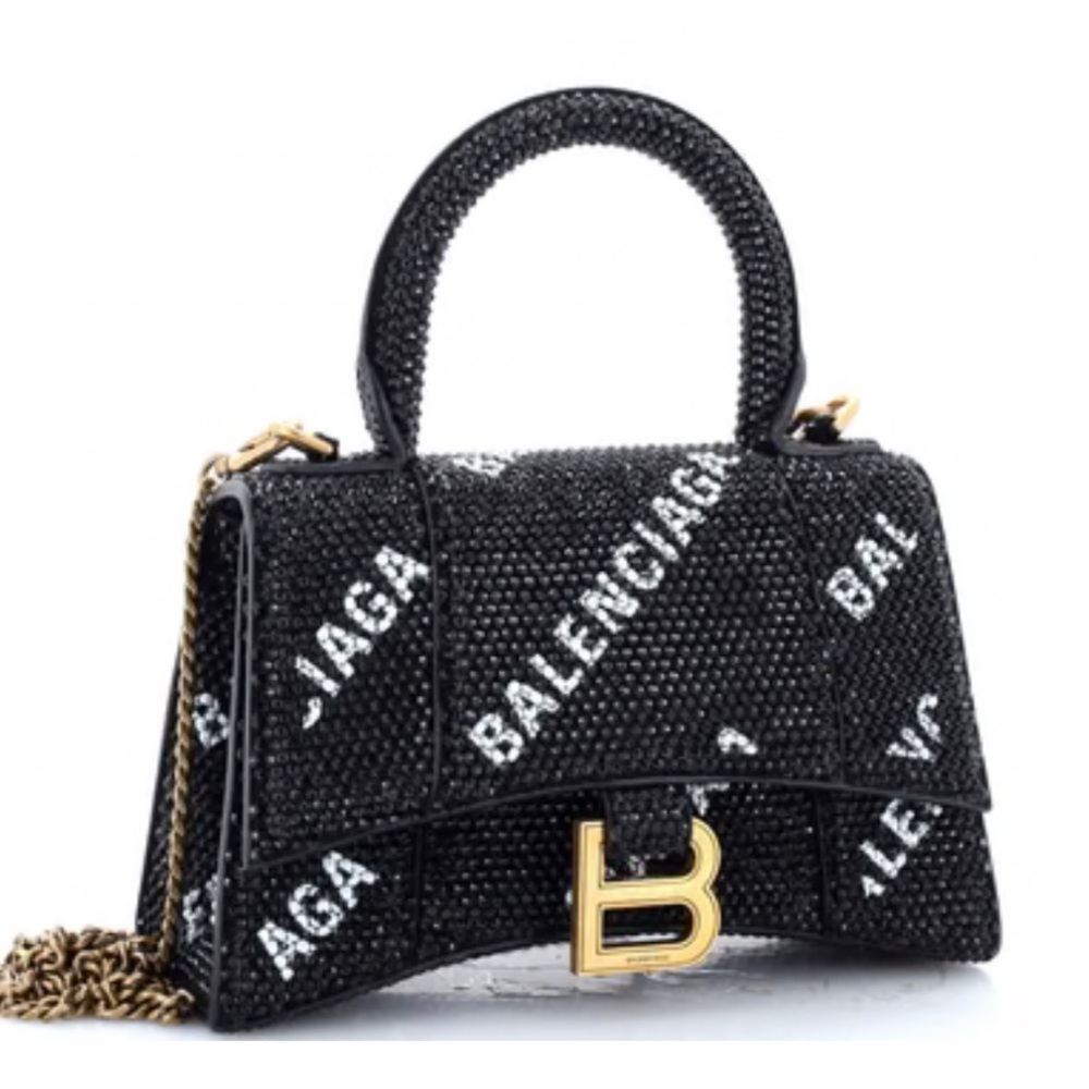 Balenciaga Hourglass Top Handle Bag Allover Logo Crystals XS Black